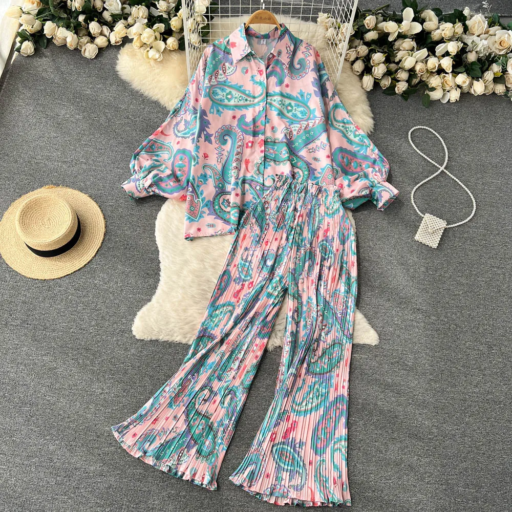 Loungewear Women Floral Casual Elegant 2 Pieces Set Loose Shirts Tops Wide Leg Pant Pajamas Suit Female Fashion Vintage Clothes