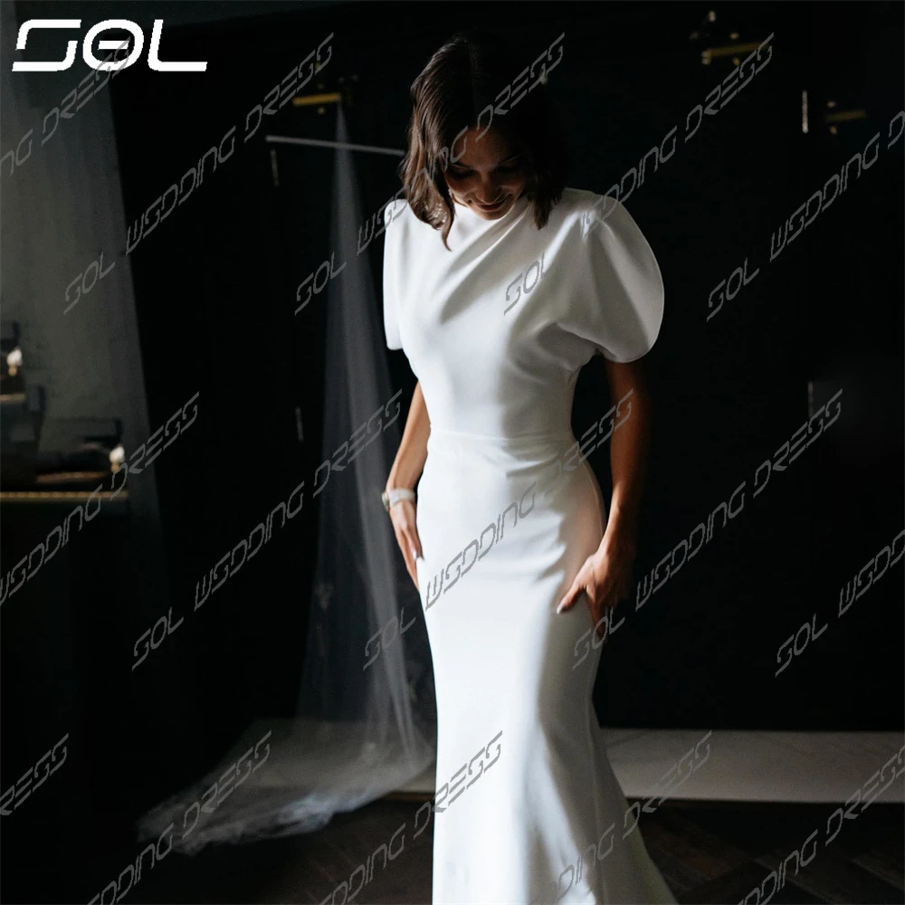 Robe de Mariée Sirène à Manches Courtes et Col Rond, Vêtement Simple, Sexy, Dos aux, Style BO00-Ball, Quelle que soit la Traîne de Balayage