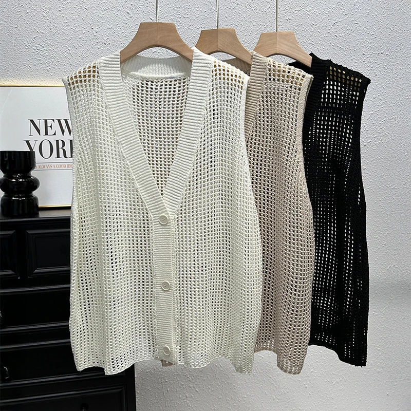 Button Down Crochet Vest for Women V-Neck Sleeveless Openwork Waistcoat Top Summer Boho Chic Vintage Outfit