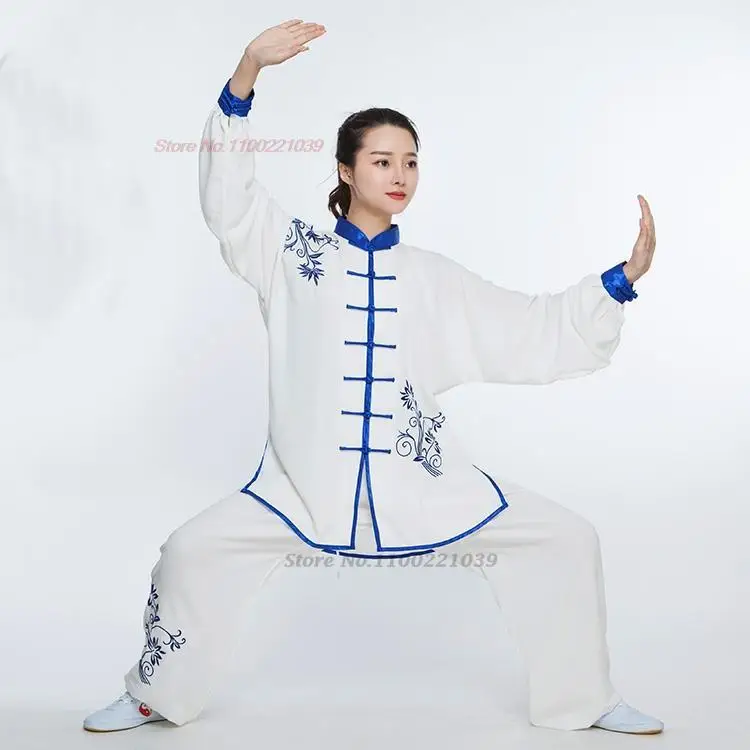 2024 chinesische Kung Fu Tai Chi Kleidung Kampfkunst traditionelle Taijiquan Praxis Wushu Anzug Blumenstickerei Tops + Hosen Set