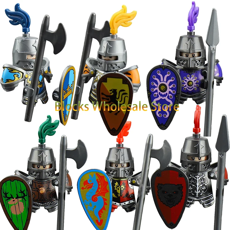 Château militaire médiéval, figurines de soldats, blocs de construction, Rome, Lion, chevalier, arme, guerrier, épée, casque d'infanterie, modèle de briques, jouets