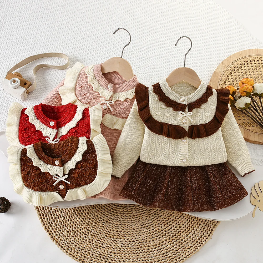 Children's Knitted Sweater Set Autumn/Winter Arrival Gold-threaded Petal-patterned op Knit Dress  Chic Ruffled Collar Sweater