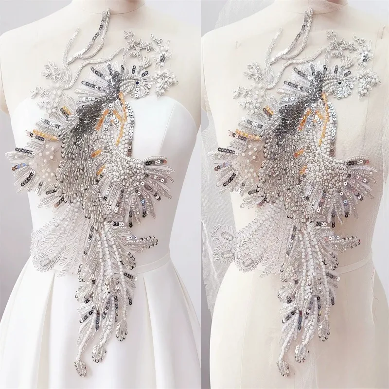 Heavy Beaded Lace Applique Phoenix Embroidery Patch for Wedding Dress Corsage Decoration