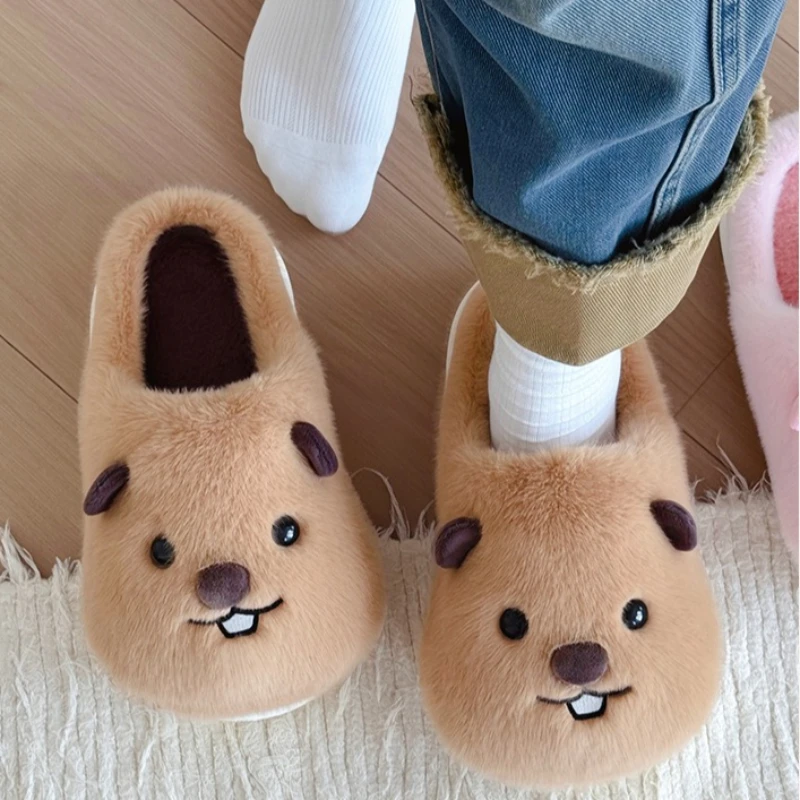 

Cute Cartoon Fluffy Slippers For Women Men Winter Warm House Shoes Soft Plush Anti-slip Couples Home Floor Furry Cotton Slides