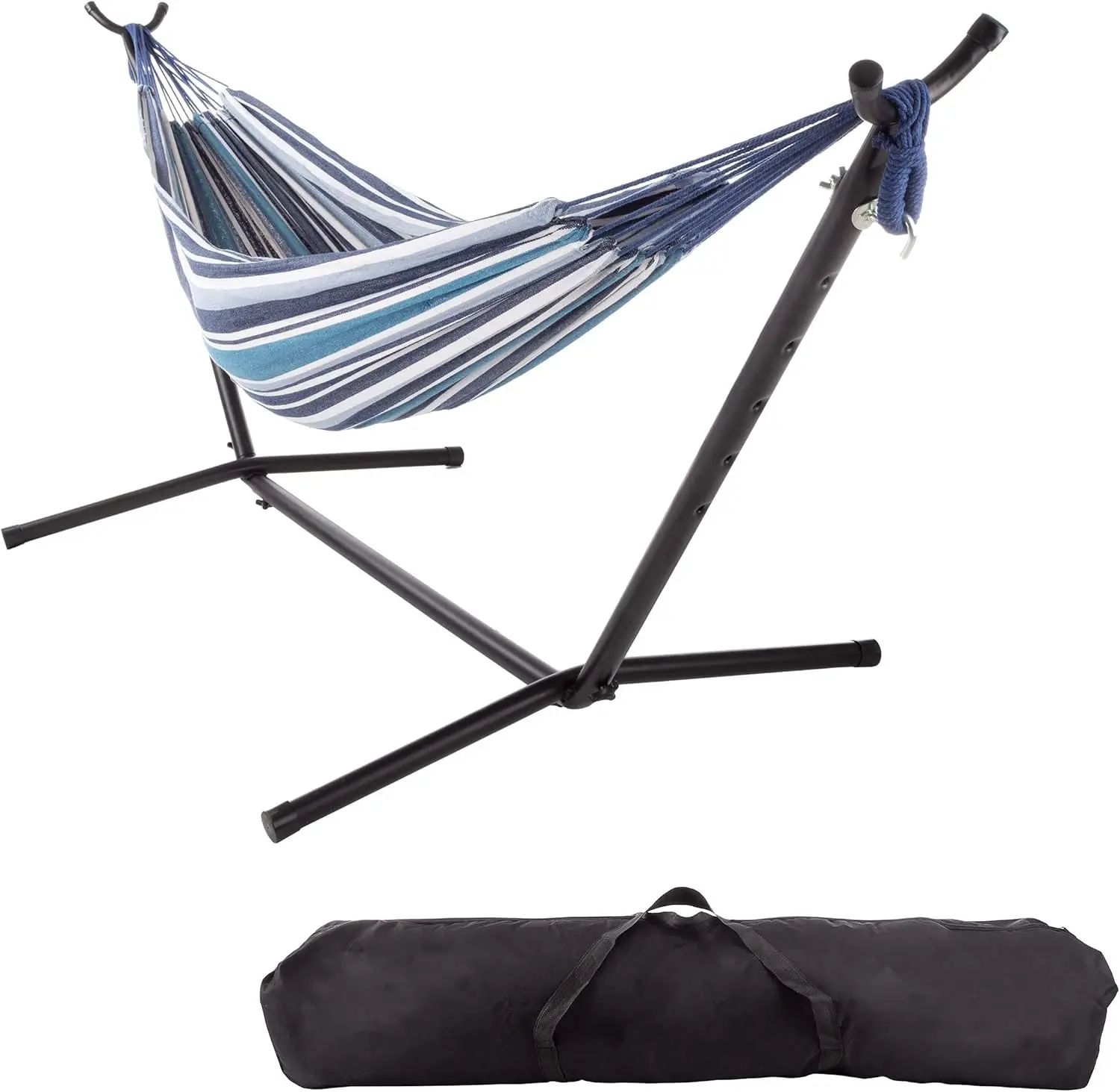 

Portable Fabric Hammock with Stand and Carry Bag - Blue Stripe Design for Travel or Backyard Relaxation