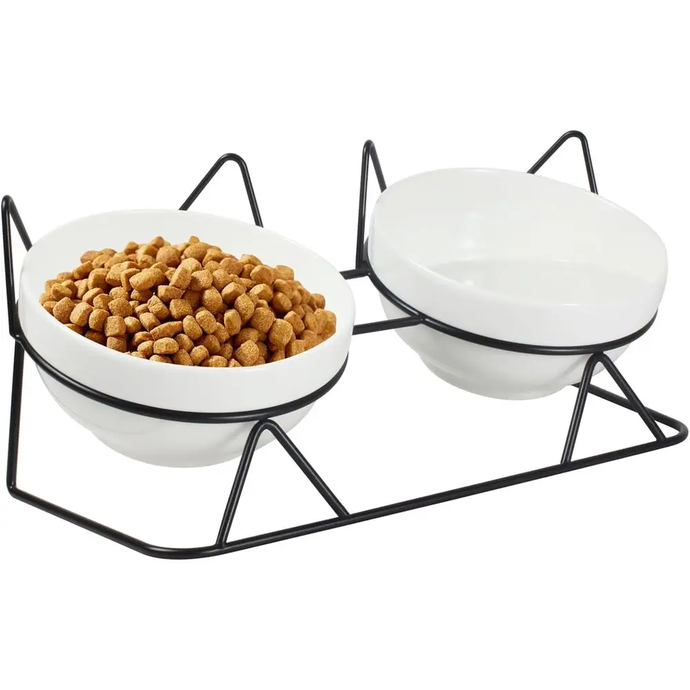 Elevated Cat Bowls, Raised Pet Feeding Bowls, 15° Anti-Vomiting Food and Water Bowls, Double Ceics and Shelf Suitable