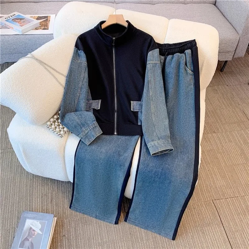 

Y2k Vintage Denim Patchwork Long Sleeve Coat Women+ High Waist Loose Straight Wide Leg Pants 2025 New Two Piece Sets