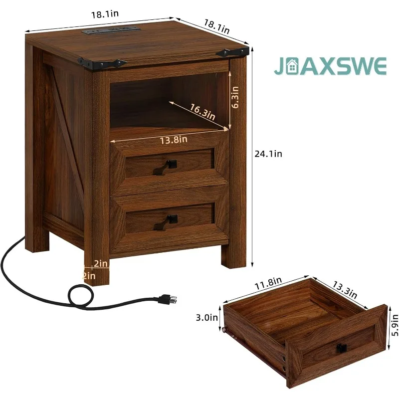 Nightstand with Charging Station and USB Port, Farmhouse Side End Table with 2 Drawers and Open Shelf, Wood Rustic Sofa