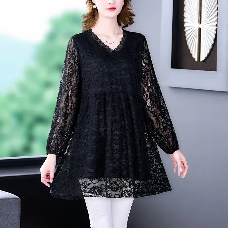 L-7XL Spring New Large Size Lace Bottoming Shirt Middle Aged Mother Long Sleeve V-Neck Tops Loose Mid-Lentgh Women T-Shirt Tee