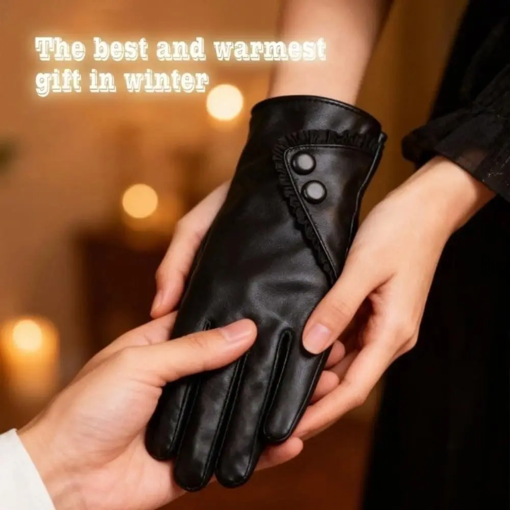 أزياء الشتاء الدافئة لمس قفازات بو الجلود الحرارية اصطف الدانتيل المشذبة قفازات يندبروف الأسود في الهواء الطلق قفازات ركوب الدراجات