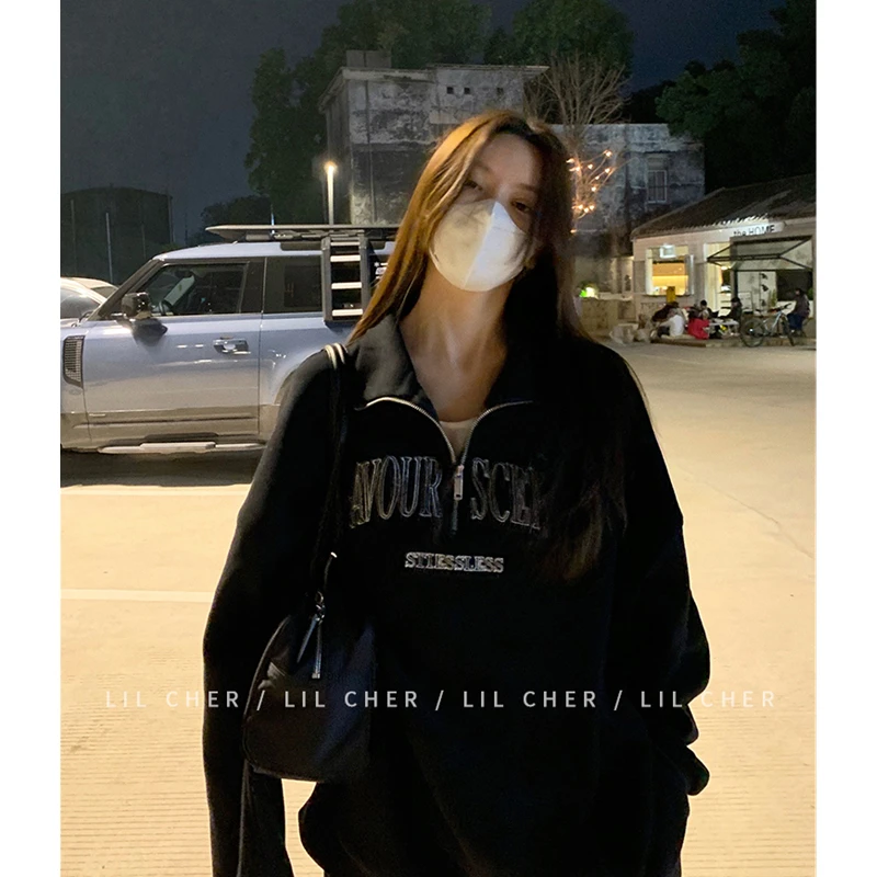 Womens Grey Hoodie Sweatshirt Long Sleeve Korean Fashion Baggy American Style Letter Printing Casual Female Tops Pullover Hoodie