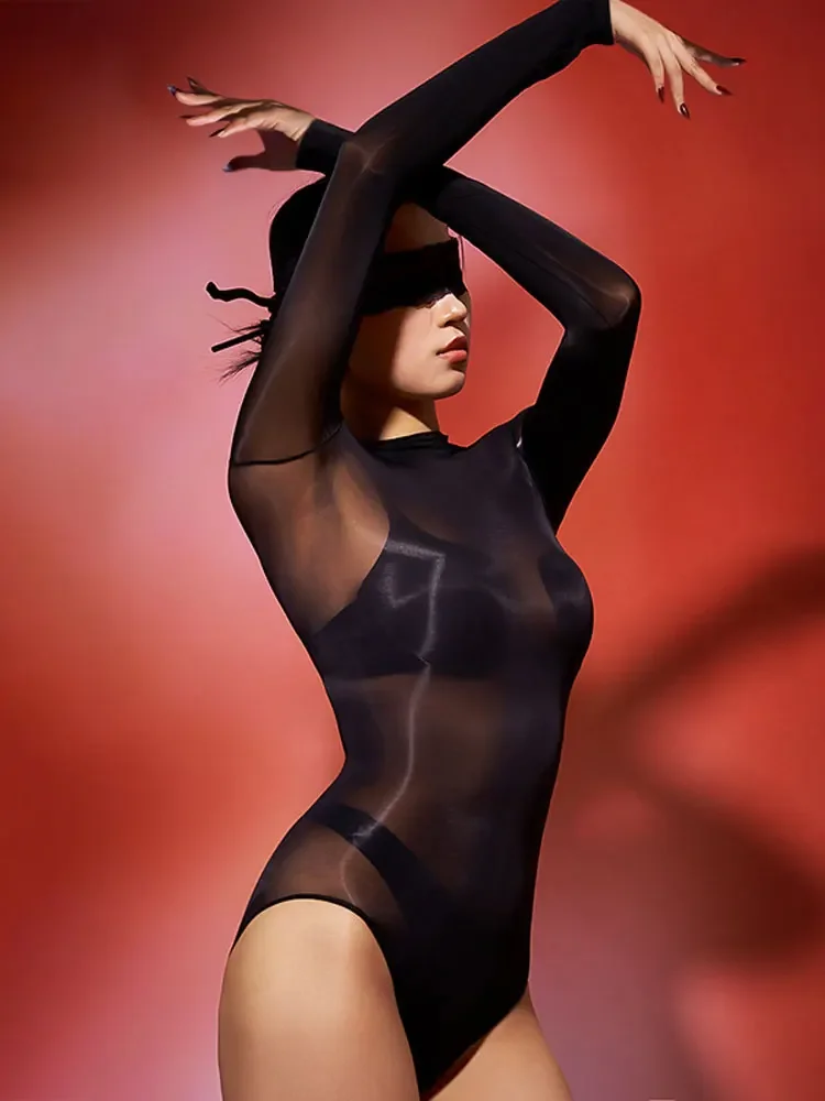 

Oil Shiny Women's High Cut Thong Bodysuit Tops Front Breast Seamless Elastic Bodycon Tight One Piece Thong Sexy Bodystocking New