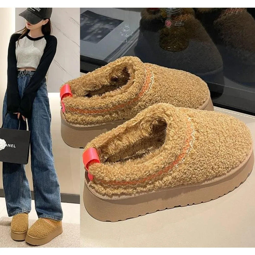 

Women's warm snow boots, cotton shoes with thick cashmere sole, flat booties with platform, cotton short flip flops,2024