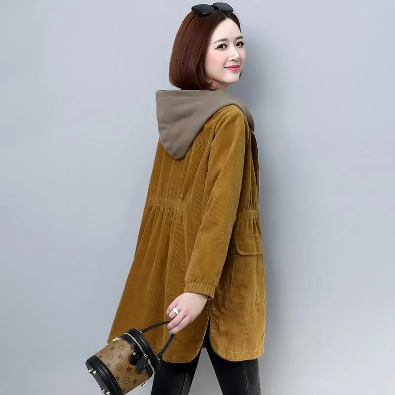 2022 Autumn Winter Women Hooded Trench Fleece Long-sleeved Loose Corduroy Solid Color Vintage Fashion Casual Women Long Warm