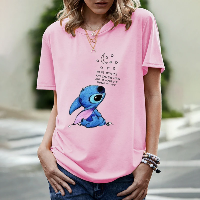 Kawaii Stitch Angel T Shirt for Women Summer Pink Tees Cartoon Printed Female Short Sleeve Tee Tops Cute O Neck Woman Tee Shirt