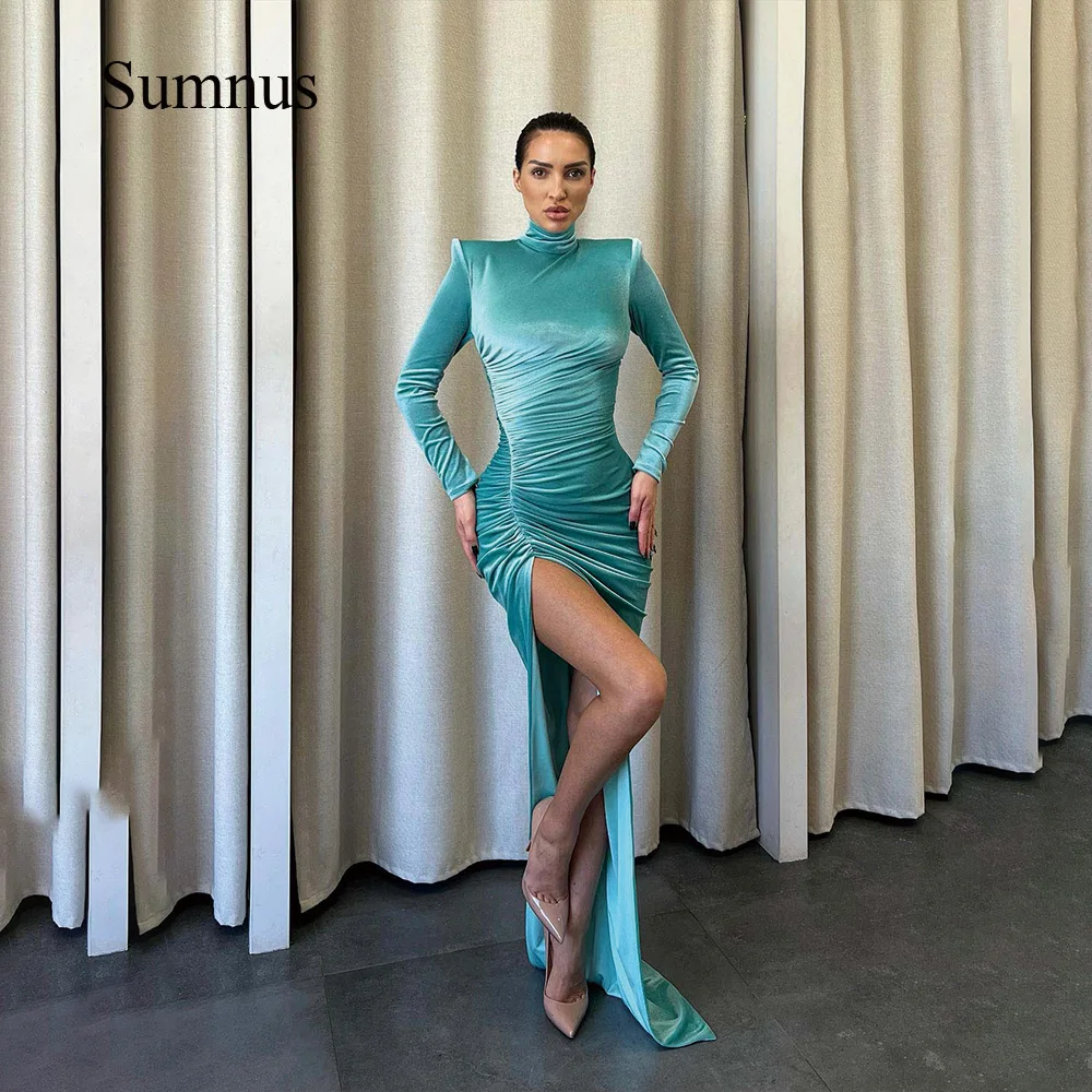 

Sumnus Sexy Mermaid Party Dresses Pleats Velvet Side Split Long Sleeve Prom Gowns High Neck Floor Length Evening Party Gown 2024