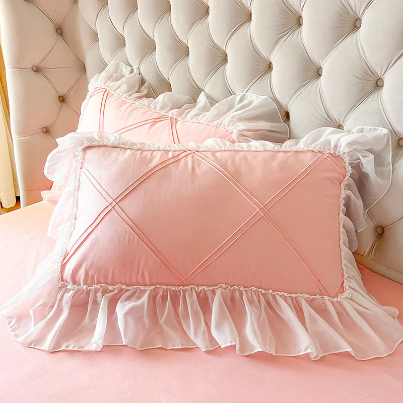 Korean Style Pink Princess Bedding Set 100% Cotton Lace Embroidery Duvet Cover Bed skirt Linen Pillowcase Girls Quilt Cover Sets