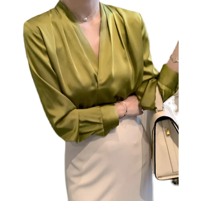 Ele Wit Zijde Satijn V-Ne Lange Sve irt voor Dames Lente Herfst Professionele Werkkleding Sle Button up Rechte snit