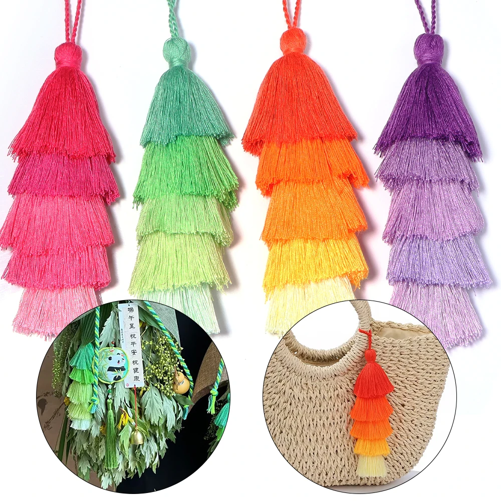 1-2pcs Multicolor Layered Tassel Pendants Gradient Color Three Tiered Fringe Tassels Charms for DIY Keychain Bag Decorations
