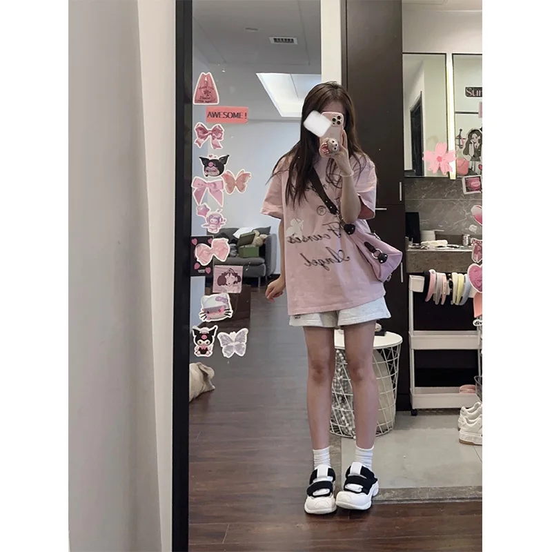 الرجعية الأمريكية الوردي إلكتروني طباعة ort Sve تي شيرت المرأة الصيف العصرية فضفاضة شيك هونغ كونغ Sle f Sve الأعلى #4