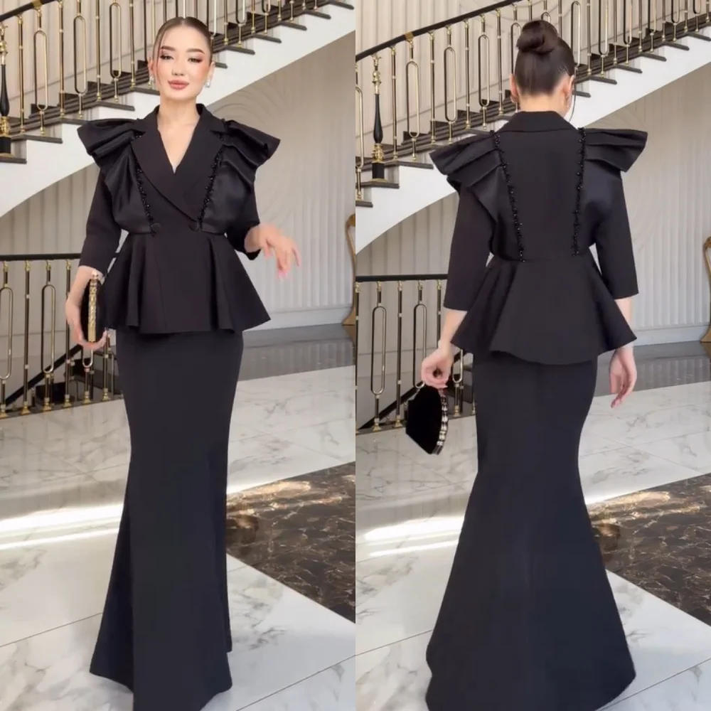 

Customized Simple Jersey Pleat Button Sequined Trumpet V-neck Long Dresses Bespoke Occasion Party Matching