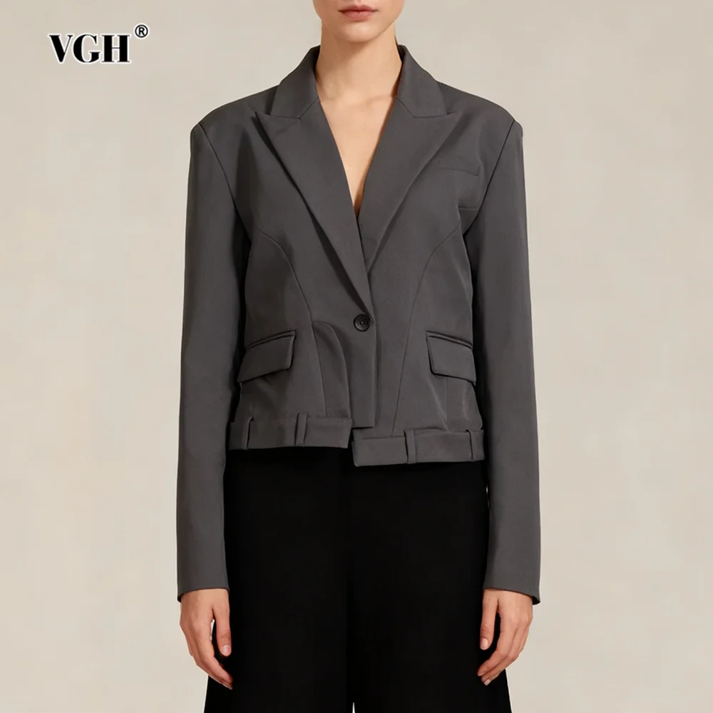 

VGH серая тон устойчивая универсальная куртка для женщин с зубчатым воротником и длинными рукавами в стиле пэчворк на пуговицах нейтральный тонкий дизайн женский блейзер