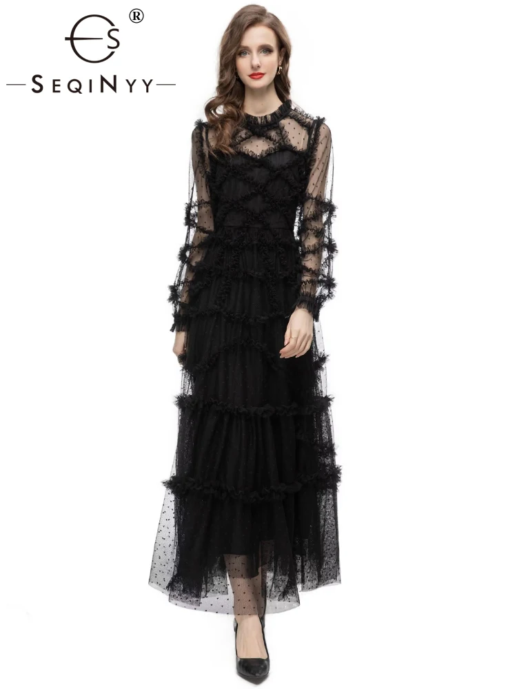 

SEQINYY Elegant Dress Mesh Party Summer Spring New Fashion Design Women Runway Ruffles A-Line High Street Dot Holiday Sexy