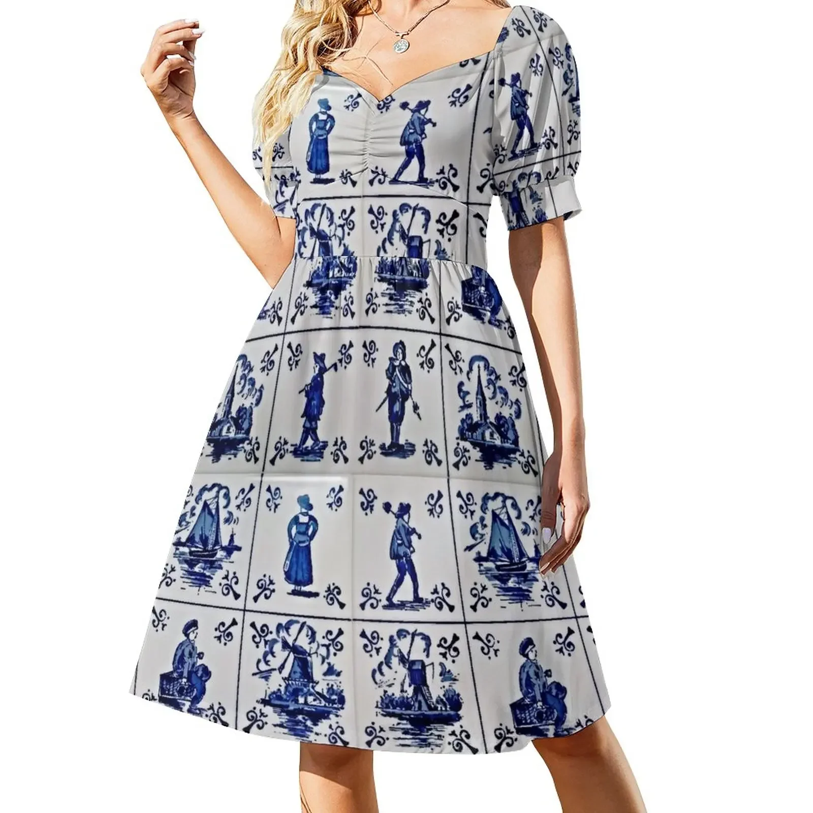 Vintage Delft Tile in Blue and White. Short-Sleeved Dress Women's evening dress Dress women party dresses woman