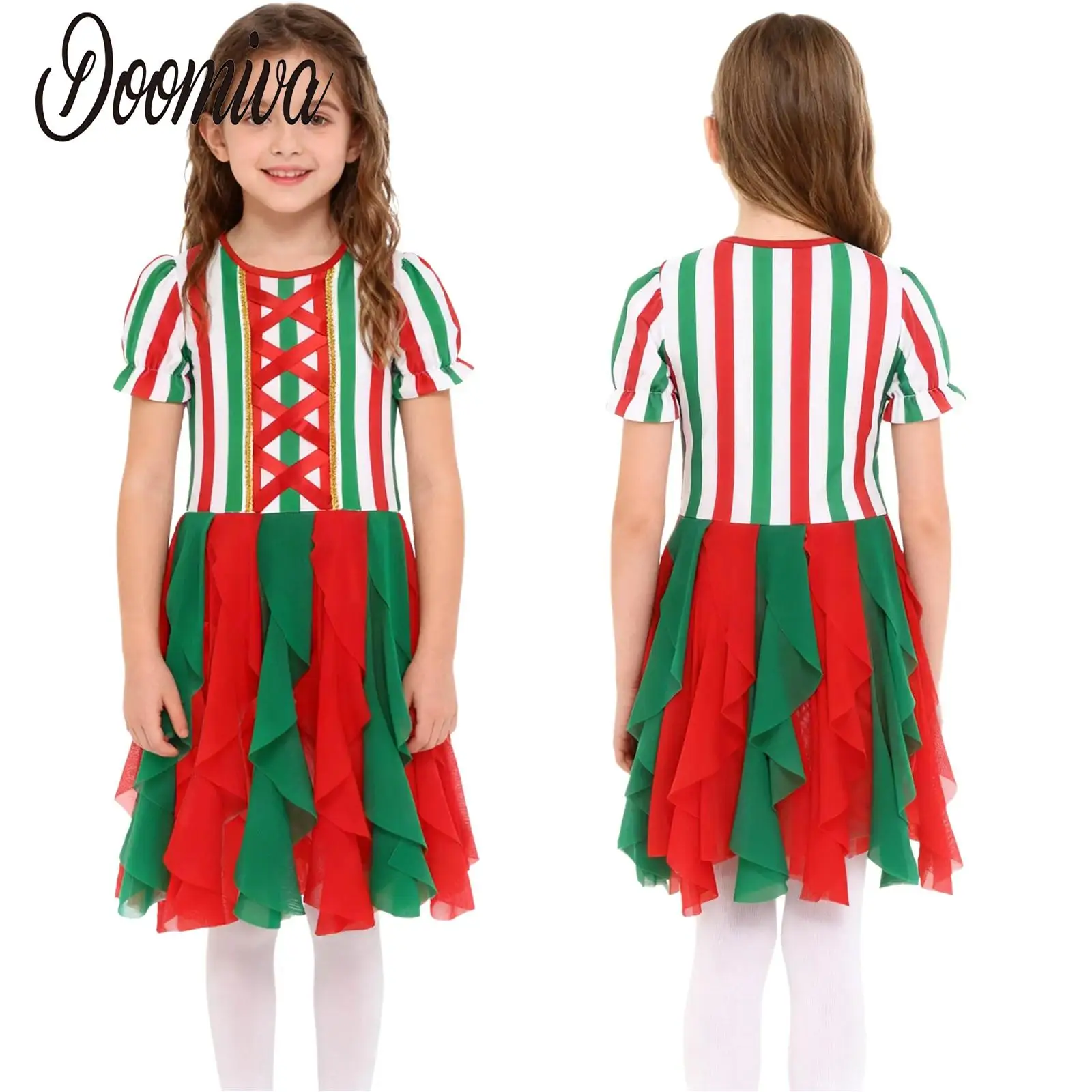 

Girls Candy Cane Striped Christmas Costumes Dance Figure Skating Tutu Dress Puffy Sleeve Leotards Tulle Dress for Xmas Parties