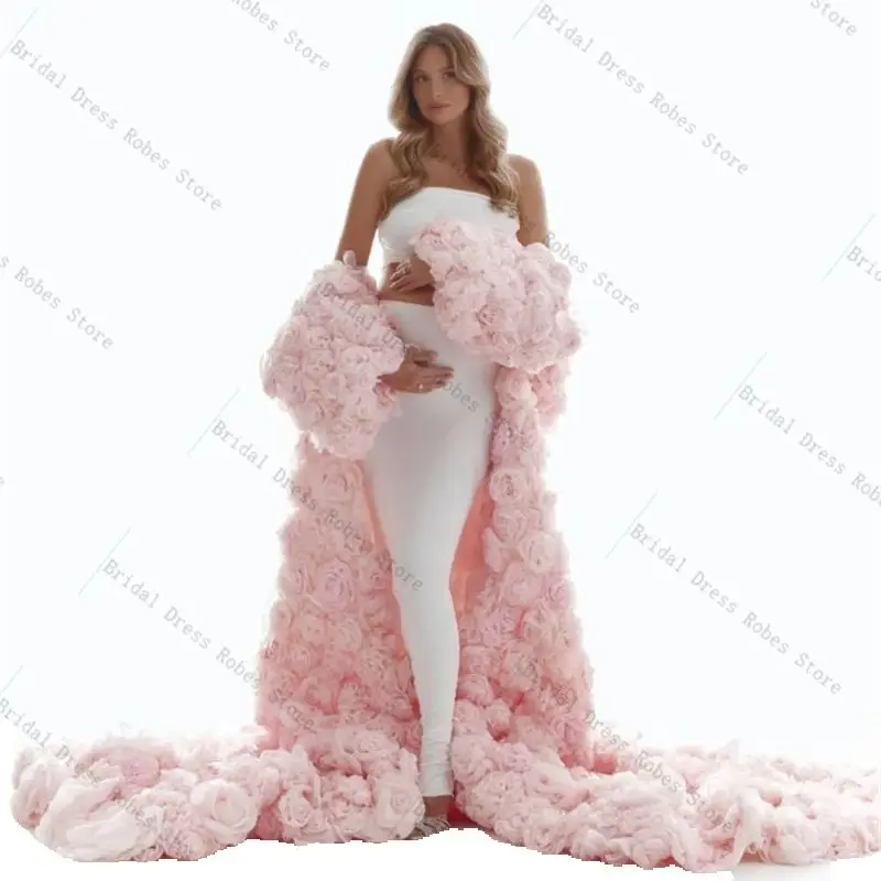 Luxe vrouwen zwangere galajurk voor fotoshoot mouwloze lange wrap cape bruids ochtendgewaad 3D bloem aangepaste nachtjapon - afbeelding 2