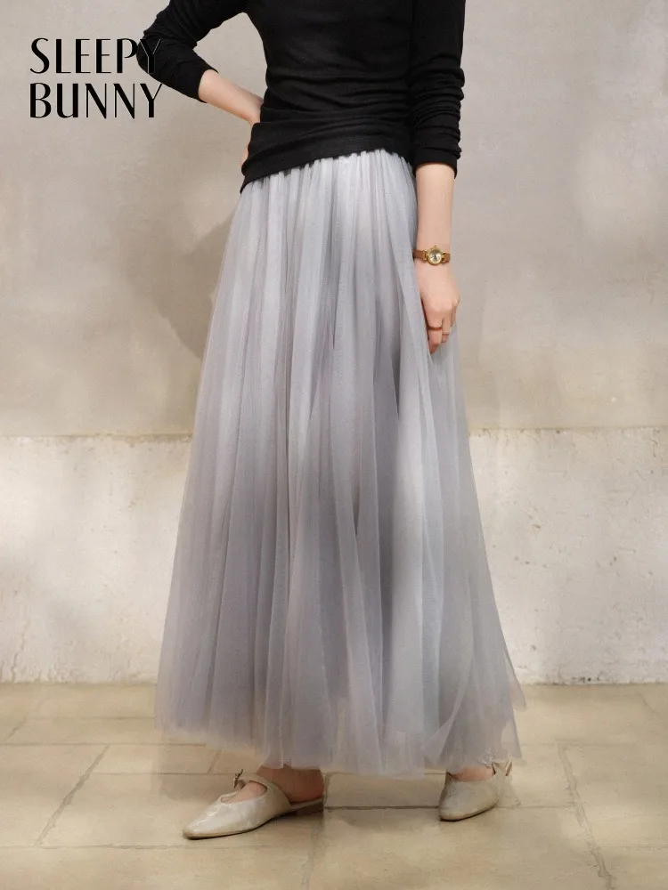 Falda elegante de malla de cintura alta, falda larga de tul Vintage para mujer, falda larga acampanada de otoño para aspecto informal diario o de fiesta