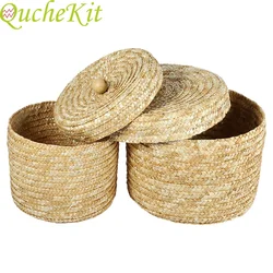 1PCS Circular Handmade Straw Woven Storage Box With Lid Cosmetics Snack Flower Basket Desktop Clutter Makeup Organizer Box