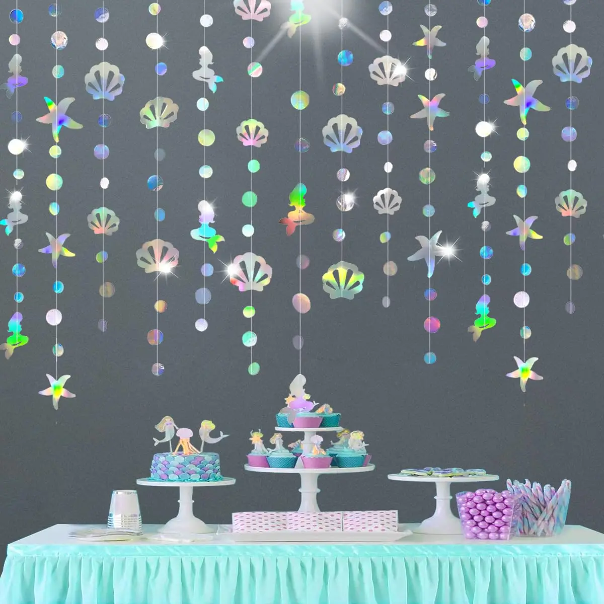 

4Pcs Mermaid Birthda Party Garland Jellyfish Seashell Starfish Pearl Holographic Paper Streamer Bachelorette Baby Shower Decor