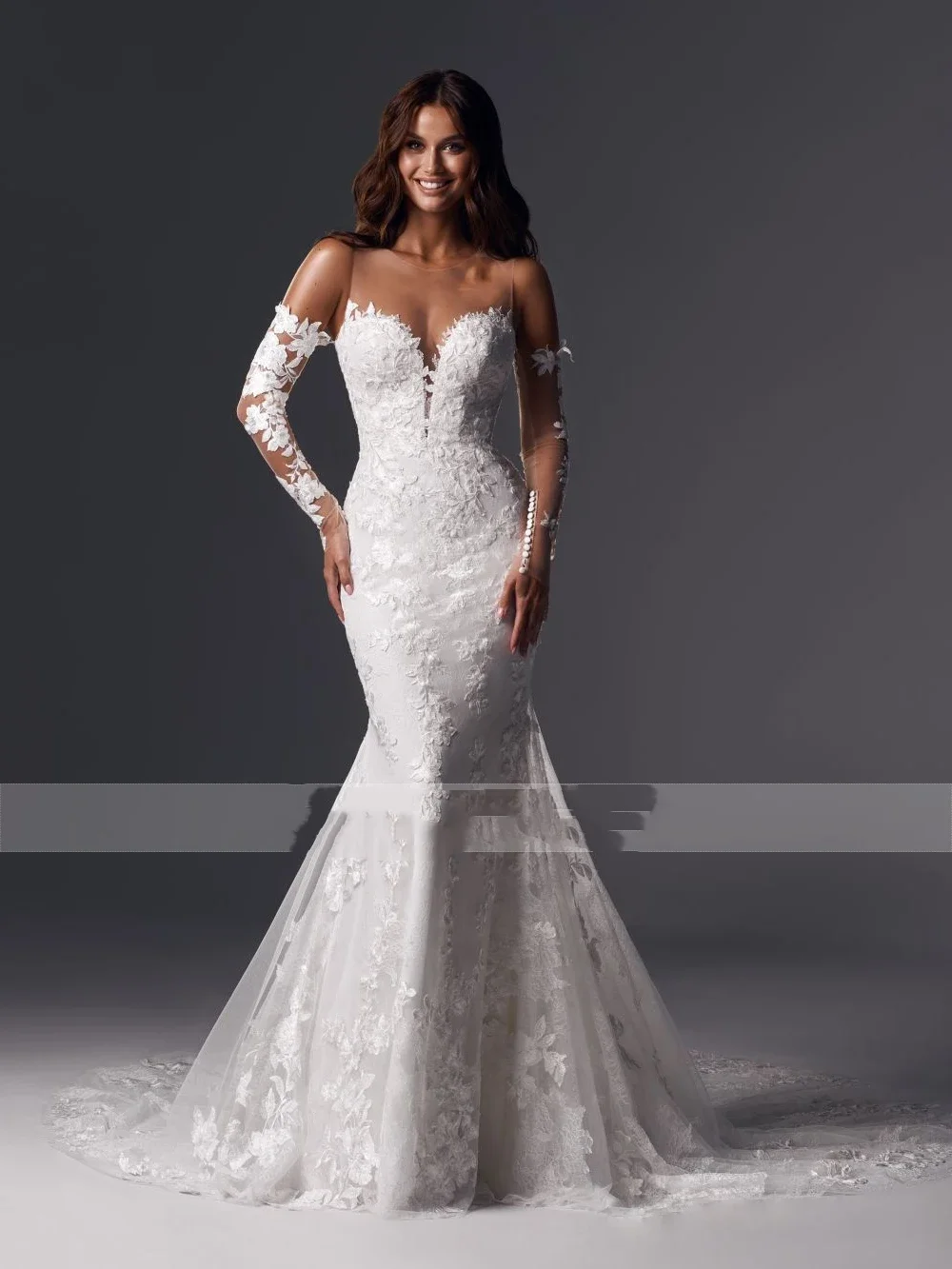 

Flavinke Индивидуальные винтажные стильные свадебные платья русалки с иллюзией шеи 2025 года, платья с рукавами и аппликациями, кружевные свадебные платья