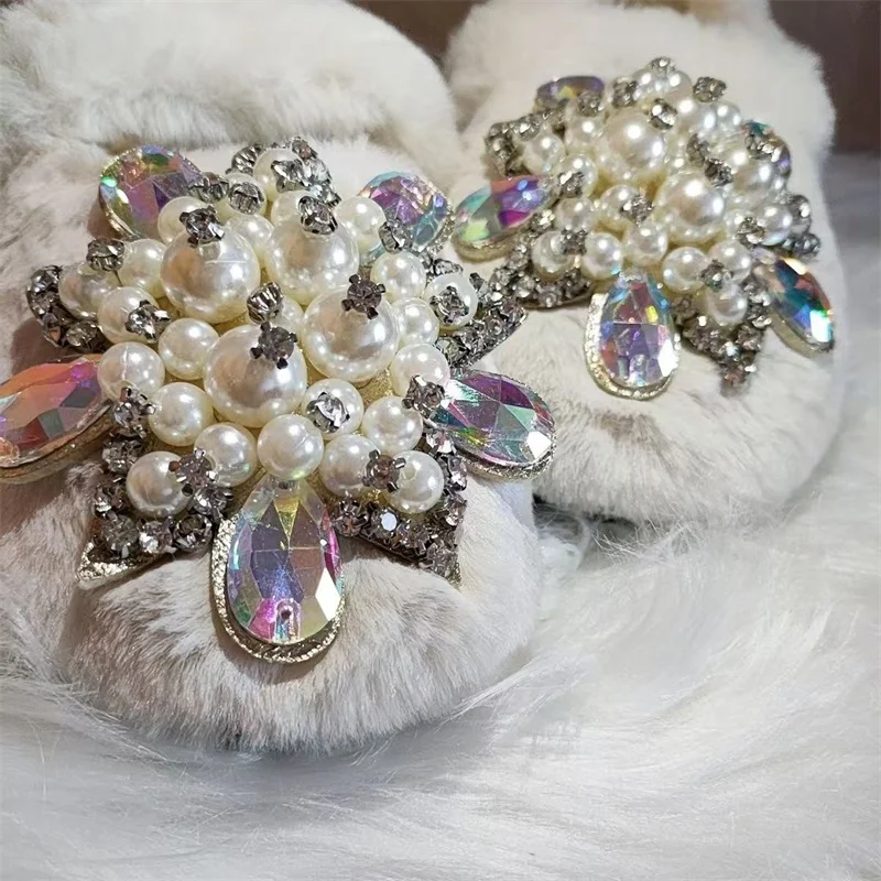 Luxury Crystal Pearl Gemstone Accessories Wedding Party Naked boots Handmade custom white shallow cut women\'s cotton shoes 35-40