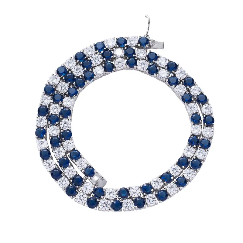 Iced Out Blue White Alternating CZ Tennis Chain Silver Plated Round Cubic Zirconia Tennis Necklace for Men Women Hip Hop Rapper