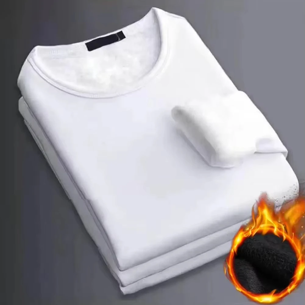 Winter Men's Long-sleeved Thermal Underwer T-Shirt Fleece Bottoming Shirt Round Neck Shirt Fashion Plus Velvet Padded T-shirt