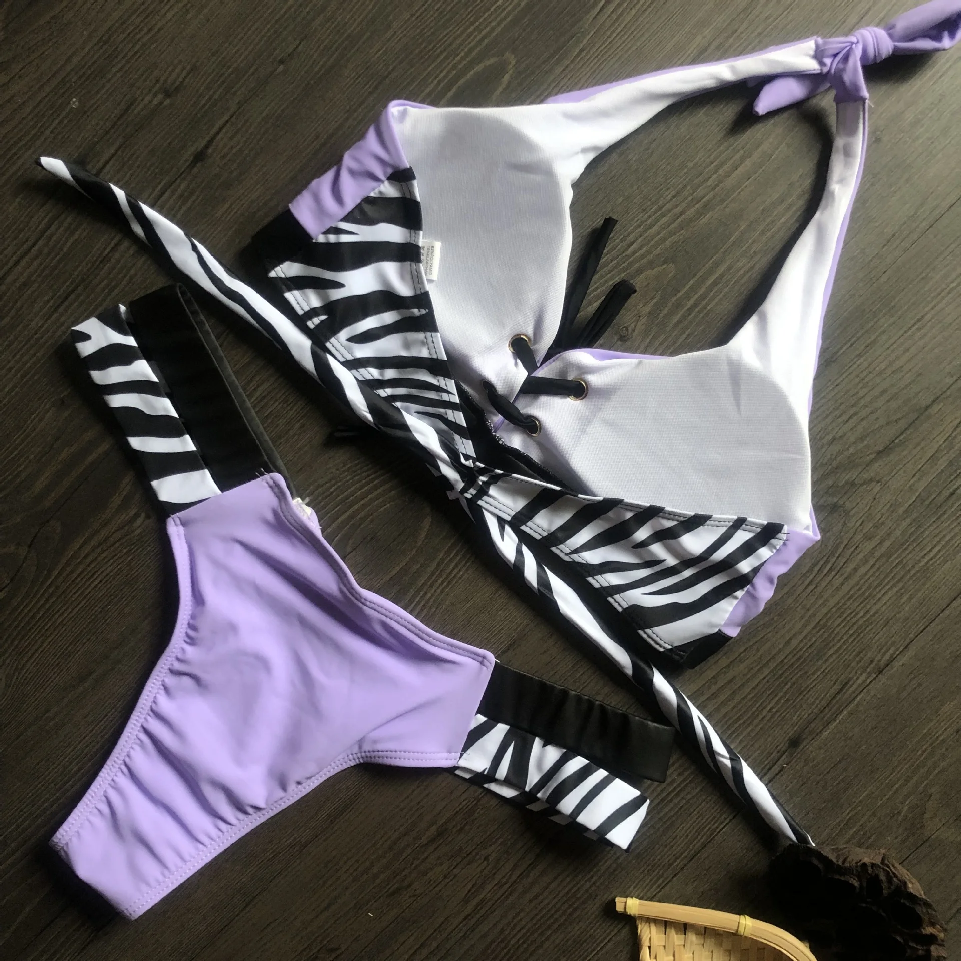 Sexy Splicing Zebra Halter Brazilian Bikini Women Swimsuit Female Thong Swimwear Two Piece Bikini Set High Cut Bathing Suit Swim