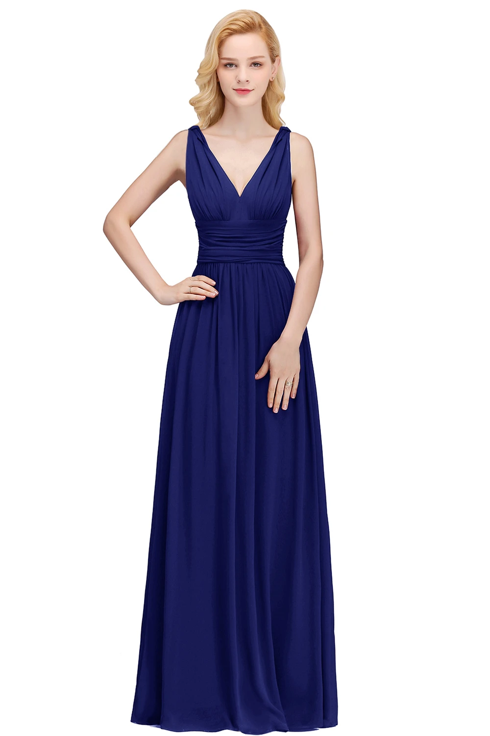 

BABYONLINE Evening Dresses Pleated Solid Color Bridesmaid Dress V-Neck Backless Empire Prom Gowns Chiffon A-Line Elegant