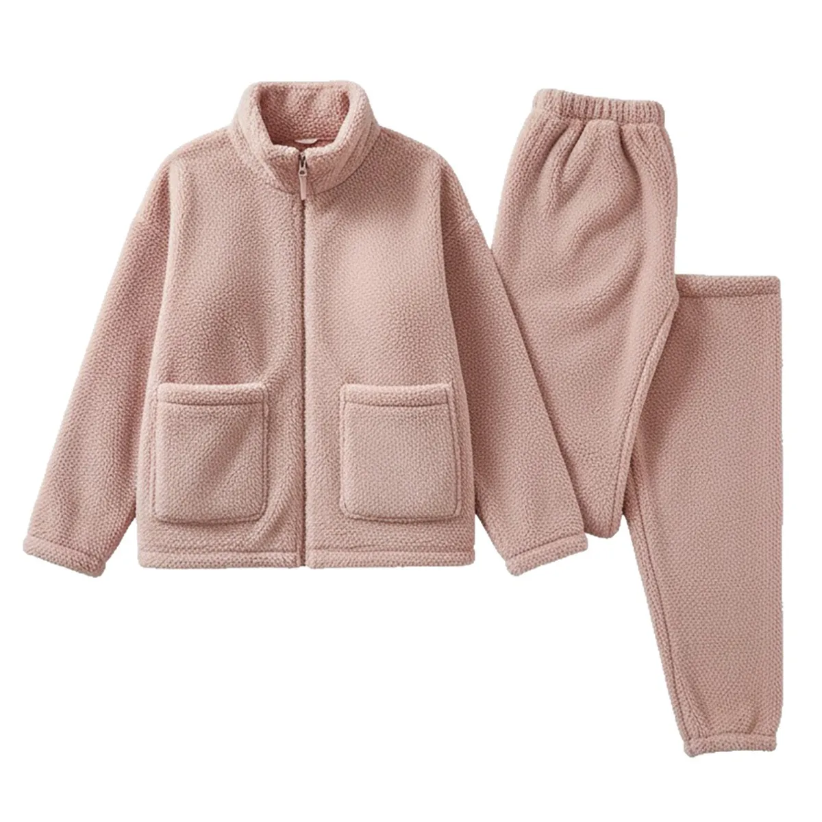 Herbst- und Winter-Pyjama für Damen, Korallensamt mit verdicktem, warmem Flanell-Reißverschluss, Stehkragen, Heimkleidung, zweiteiliges Set