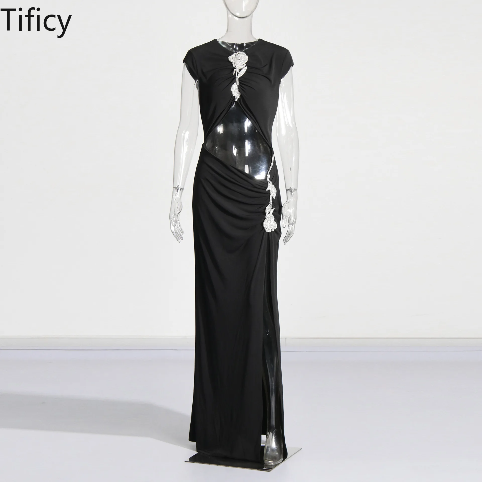 TIFICY Autumn Women's New Design with Diamond Embellishment and Rose Decoration Revealing Waist, High-end Split Long Dress