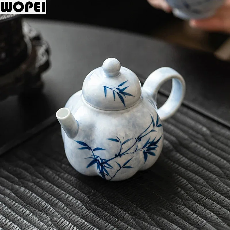 Hand Drawn Ceramic Teapot Single Pot Handmade Filtered Teapot Household Tea Infuser Ink Dyed Blue Bamboo Kung Fu Tea Set