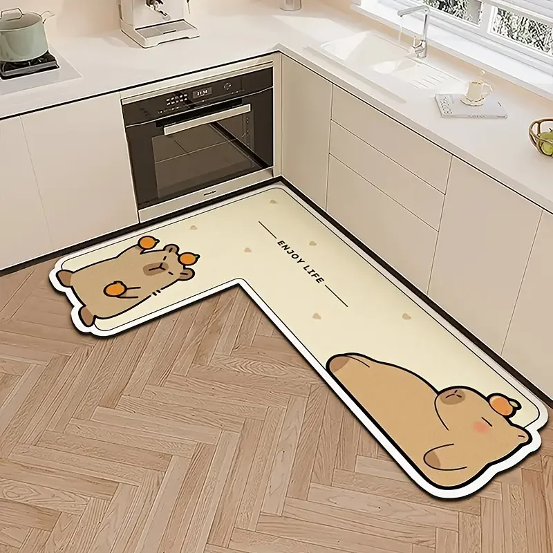 VIKAMA Adorable Cartoon L-Shaped Doormat Non-Slip Quick-Dry Entrance Hallway Mat Kitchen & Laundry Room Rug Home Decor