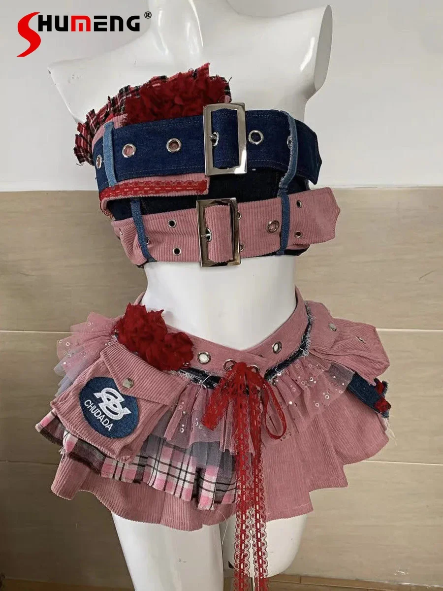 

Sweet Cool Spicy Girls Sexy Mini Skirt + Denim Stitching Tube Top Two-piece Set Summer New Subculture Punk Y2k Womens Outfits