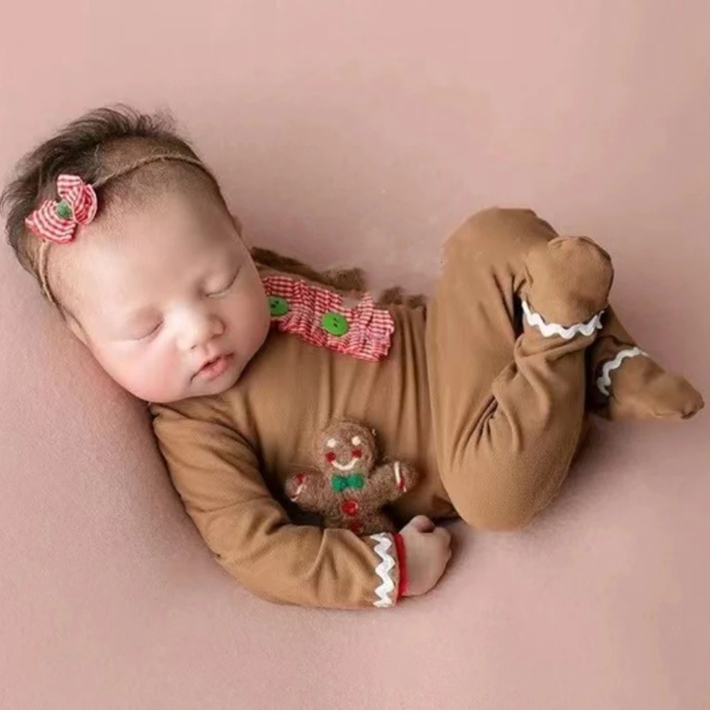 Newborn Christmas Gingerbread Outfit Long Sleeve Romper Hat Set Baby Photography Props Holiday Costume Boutique Accessories