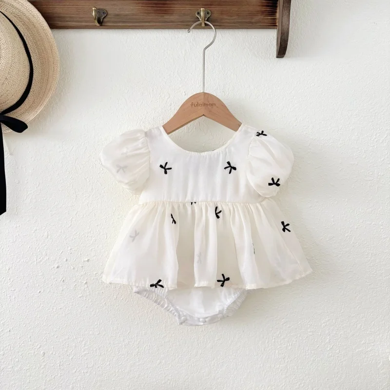 

2026 Summer Mesh 3M-24M Baby Girls Romper Bubble Short Sleeve Big Bow Newborns Jumpsuit Infant Birthday Party Dress Bodysuit