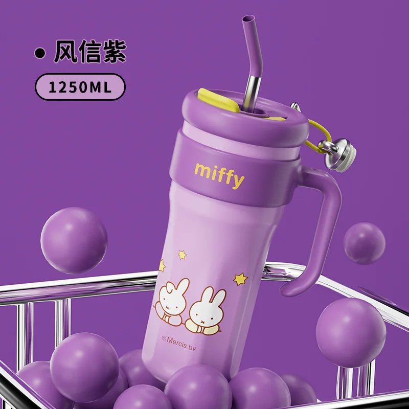 Kubek termiczny Miffy o pojemności 1250 ml, izolowany, kawaii, z motywem kreskówkowym, o dużej pojemności, przenośny, długotrwały termos do użytku na zewnątrz.