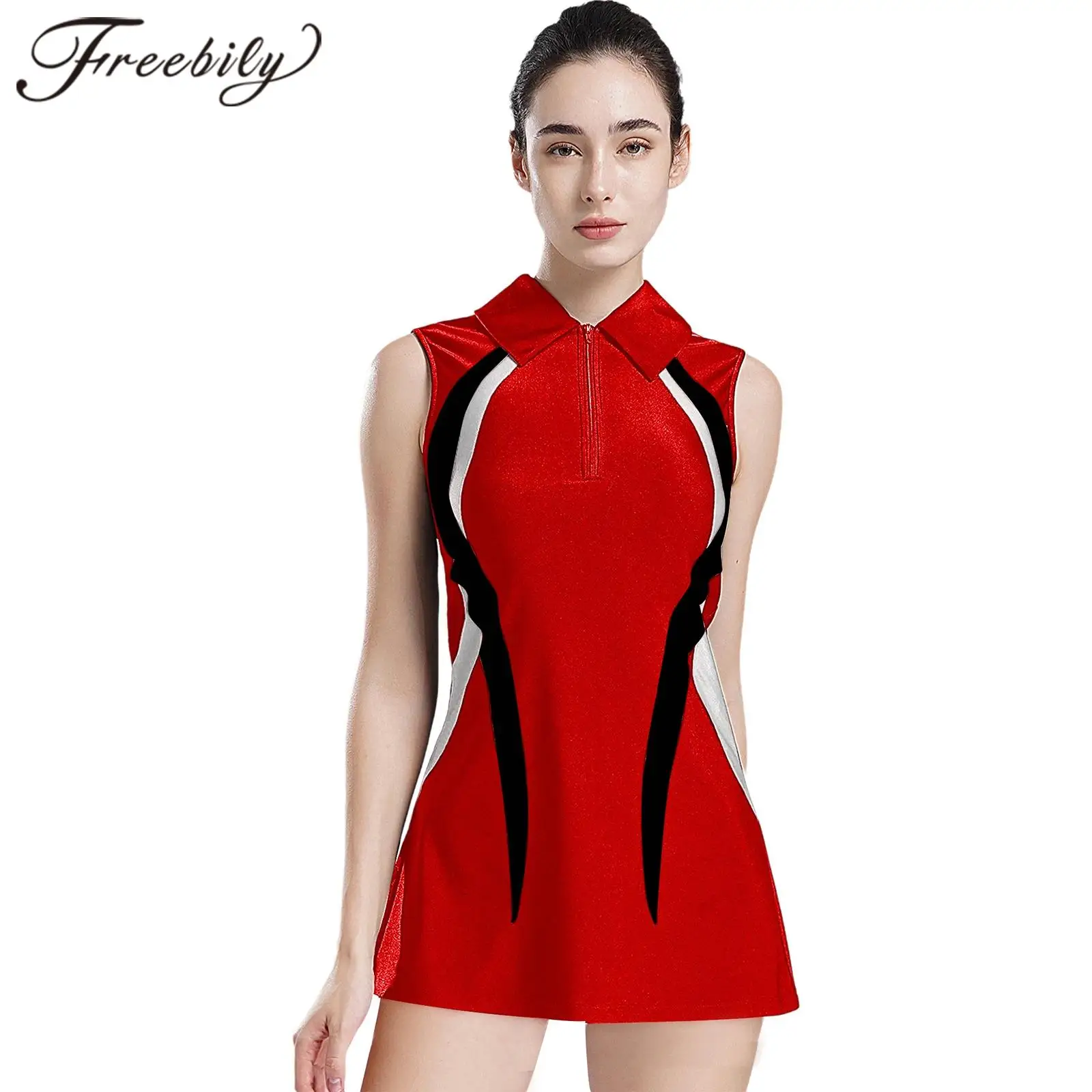 

Women's Tennis Dresses Sleeveless Zipper Turn-Down Collar Contrast Color Sports Golf Dress for Badminton Athletic Sportwear