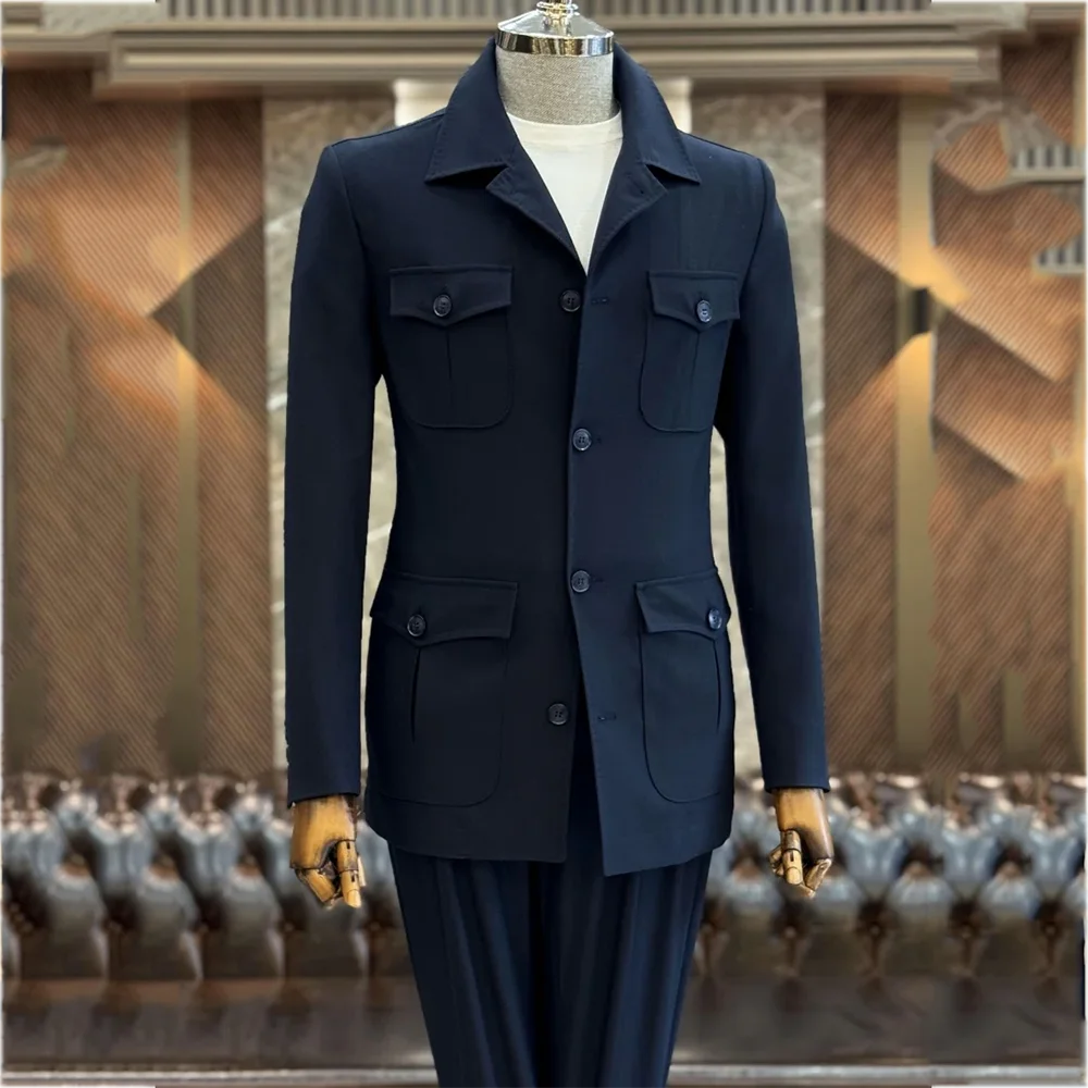 

Классический черный костюм с лацканами из двух предметов для мужчин, однобортный однобортный наряд с несколькими карманами, деловой костюм для вечеринок