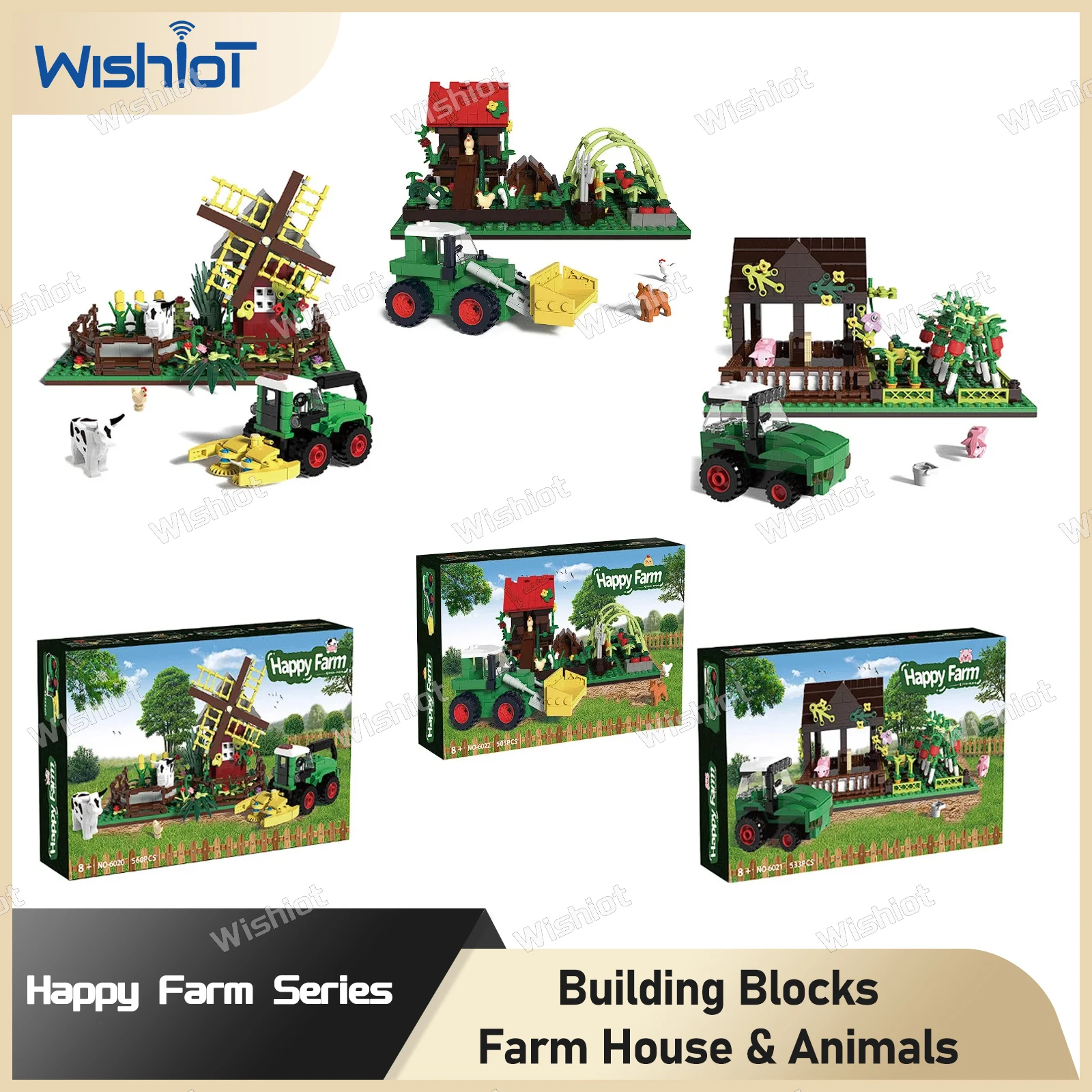 

MOC Happy Farm Windmill House Chicken Coop Pig Sty Vegetable Fruit Farm Animals Tractor Building Blocks Toys Creative Kids Gifts